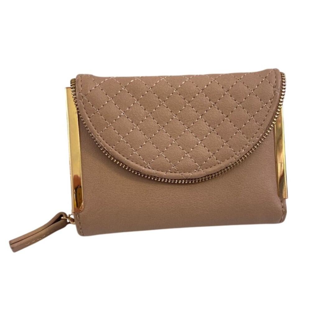 Quilted Trifold Wallet Brown Mauve Card Holder MMS Faux Leather Gold Tone Trim